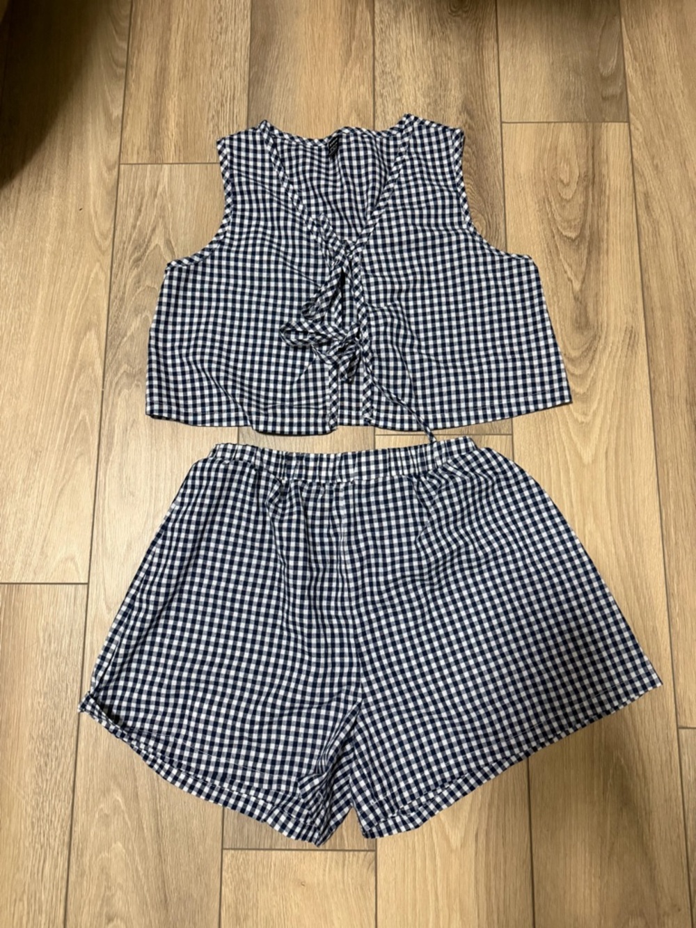 Gingham Tie-Front Crop Top & Shorts Set - Navy/White